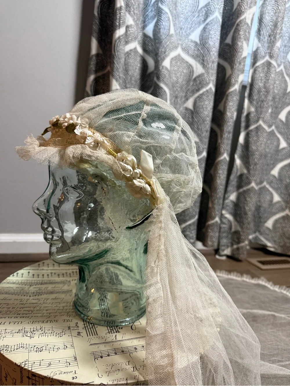 Vintage 1920s Juliet Cap Veil with Silk Floral Accents & Lace Netting